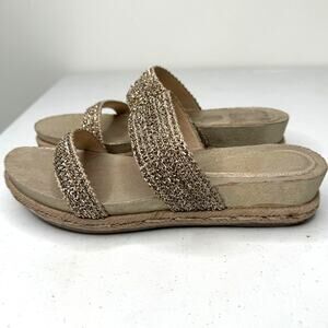 Eileen Fisher Fresh Platinum/Gold Metallic Jute Chain Slide Sandals, Size 9